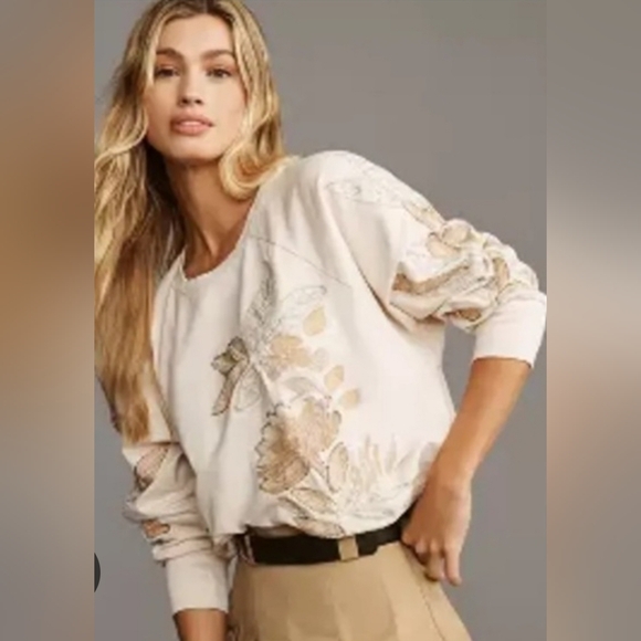Anthropologie Tops - Anthropologie Embroidered And Beaded Floral Oversized Sweatshirt XS